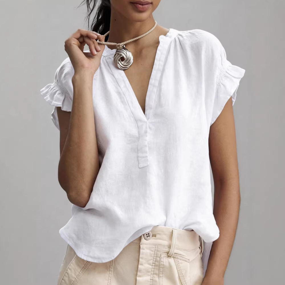 ElanWear Women's V-Neck Cotton Linen Top
