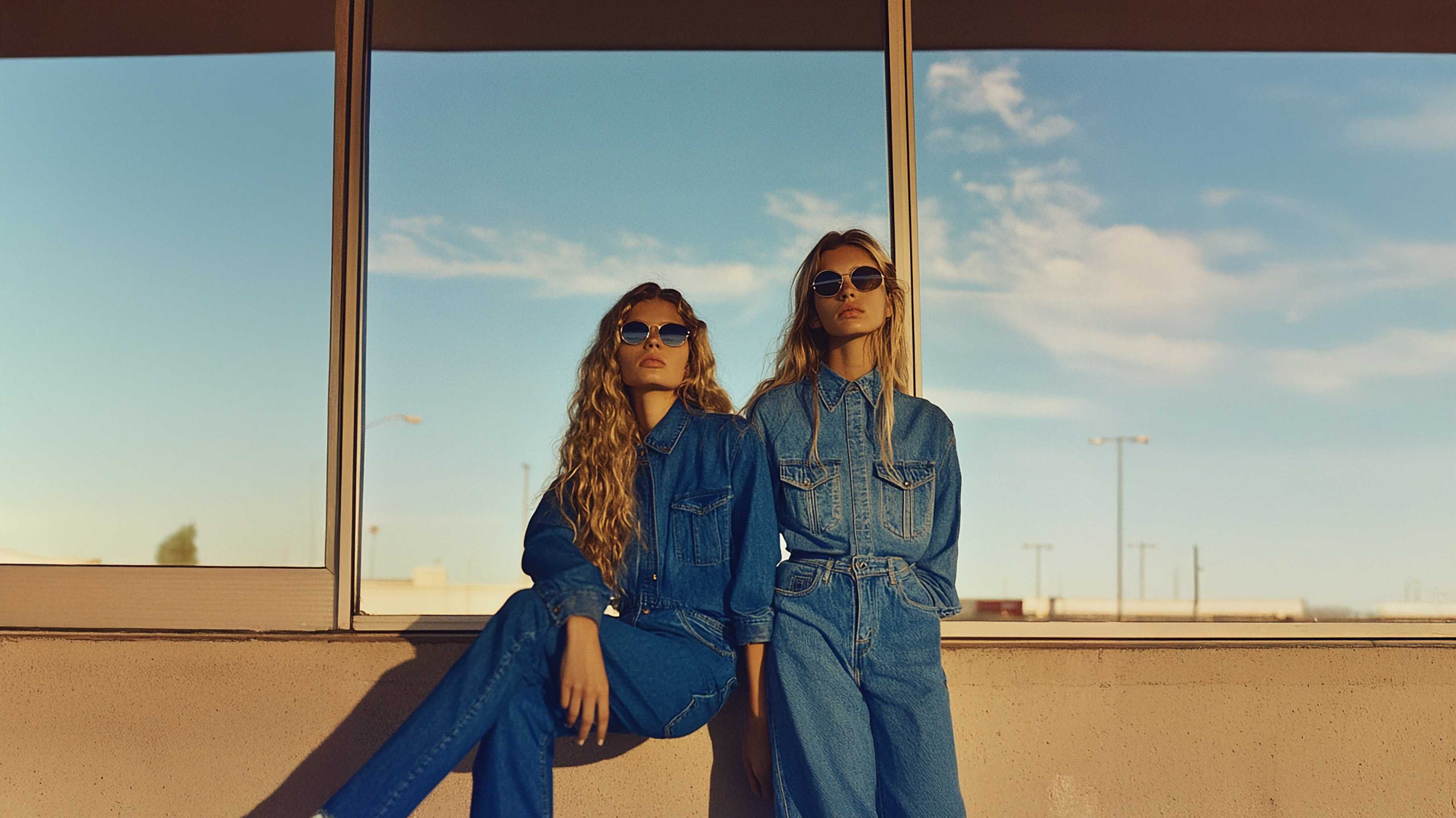 Two people sitting on a ledge with a clear blue sky in the background